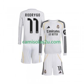 Camisolas de futebol Real Madrid Rodrygo 11 Criança Equipamento Principal 2025/26 Manga Comprida